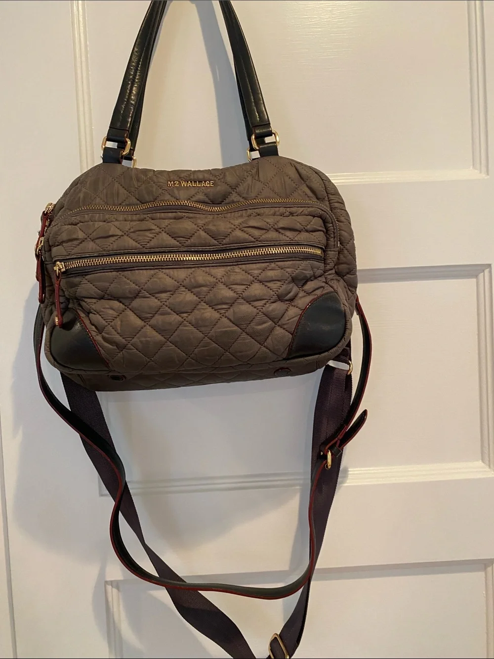 MZ Wallace Quilted Taupe Shoulder Bag with Black Handles and Brown Trim - Picture 1 of 4